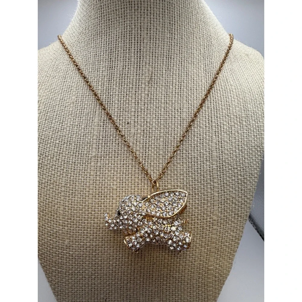 Sparkling Elephant Pendant Necklace Gold Tone Rhinestone Charm Statement Jewelry